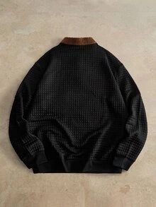 HIMLAND 男士對比色毛絨 Polo 領長袖休閒衛衣 - 黑色 - 查看 6