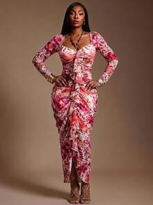 Radiana Plus Size Fashion Sexy Floral Print Ruffle Hem Pleated Dress Fall - Multicolor - View 2