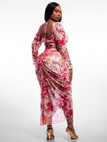 Radiana Plus Size Fashion Sexy Floral Print Ruffle Hem Pleated Dress Fall - Multicolor - View 3