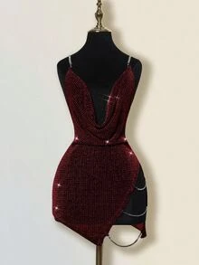 SHEIN ICON 夸张垂坠领口水钻装饰交叉露背高开衩迷你连衣裙 - 紅色 - 查看 4
