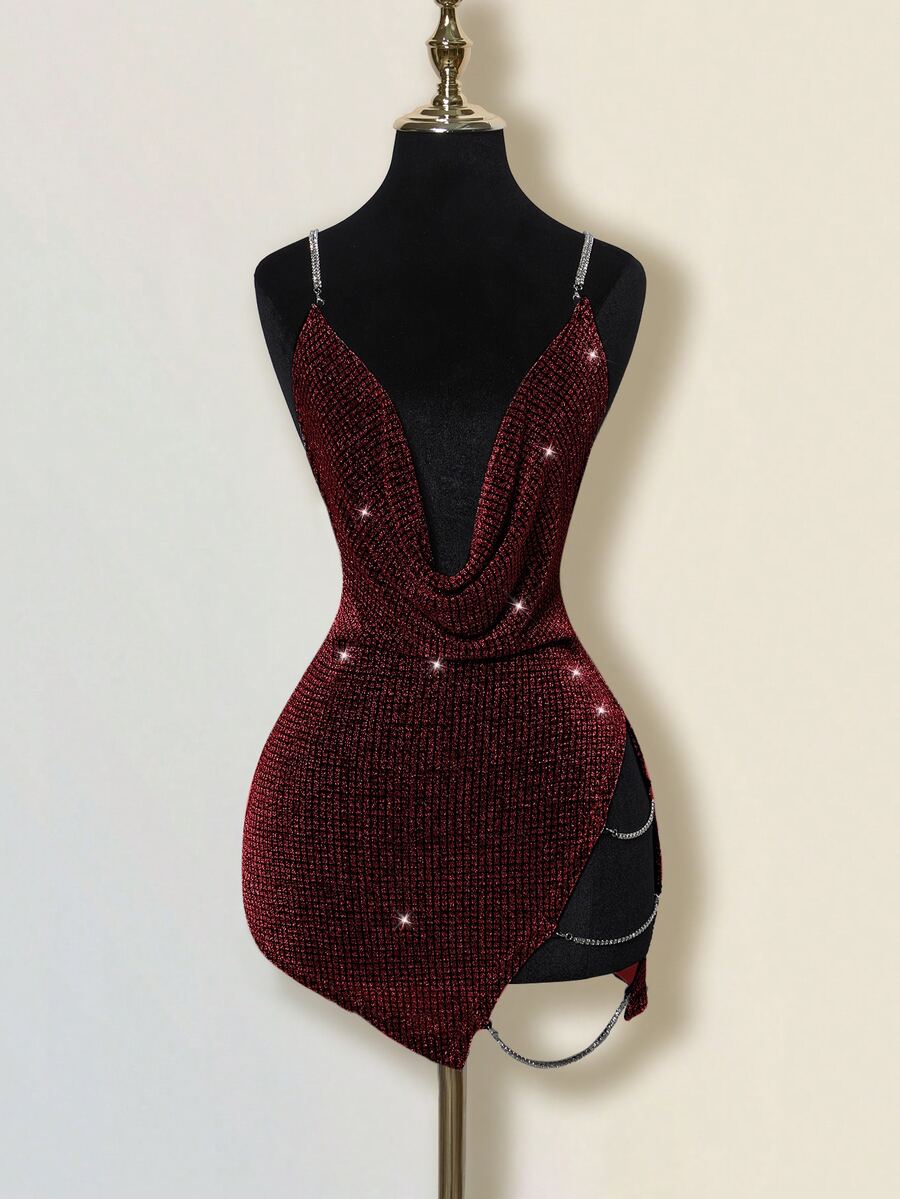 SHEIN ICON Exaggerated Draped Neck Rhinestone Decor Criss-Cross Open Back High Slit Mini Dress - Red - View 1