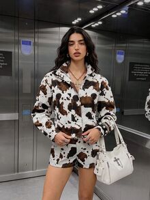 Muchica 初秋女款牛紋長袖針織開襟衫與短褲套裝；休閒街頭風 - 彩色 - 查看 8