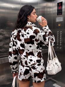 Muchica 初秋女款牛紋長袖針織開襟衫與短褲套裝；休閒街頭風 - 彩色 - 查看 2