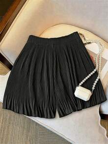 Franclia Plus Size Solid Color Button Decoration Casual Shorts For Summer - Black - View 2