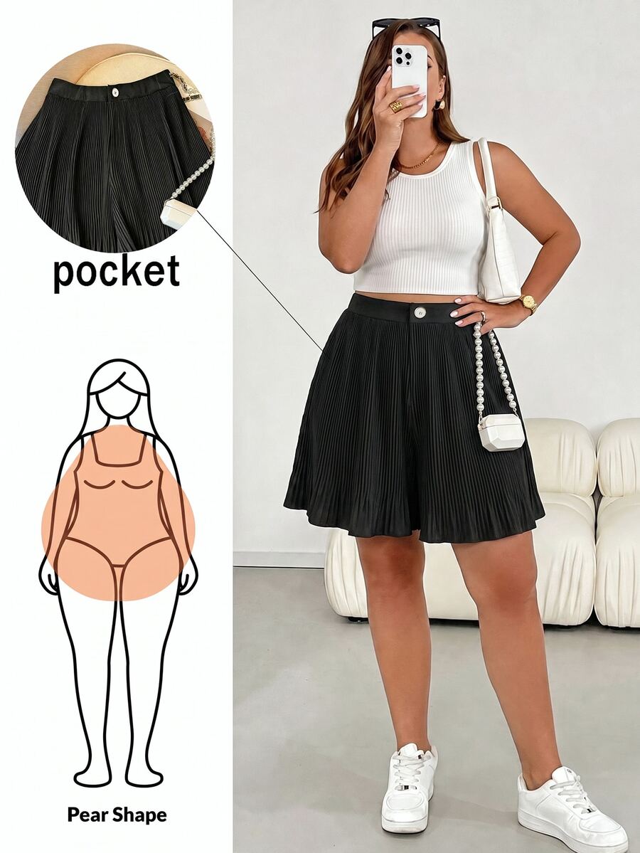 Franclia Plus Size Solid Color Button Decoration Casual Shorts For Summer - Black - View 1