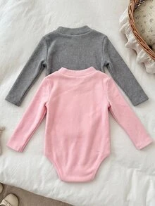 SHEIN 2pcs/Set Babygirl Cute Casual Knit Solid Color Long Sleeve Open Crotch Autumn Winter Romper - Pink - View 3