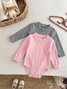 SHEIN 2pcs/Set Babygirl Cute Casual Knit Solid Color Long Sleeve Open Crotch Autumn Winter Romper - Pink - View 6