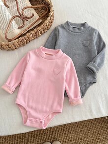 SHEIN 2pcs/Set Babygirl Cute Casual Knit Solid Color Long Sleeve Open Crotch Autumn Winter Romper - Pink - View 4