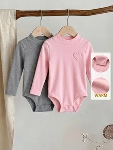 SHEIN 2pcs/Set Babygirl Cute Casual Knit Solid Color Long Sleeve Open Crotch Autumn Winter Romper - Pink - View 5