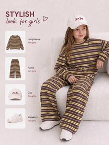 Tween Girls Cartoon Pattern Crew Neck Drop Shoulder Sweatshirt & Straight Leg Pants 2 Pieces Set - Multicolor - View 4