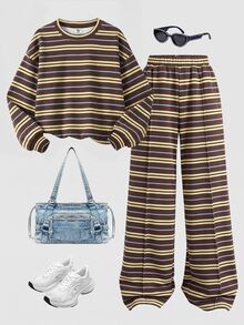 Tween Girls Cartoon Pattern Crew Neck Drop Shoulder Sweatshirt & Straight Leg Pants 2 Pieces Set - Multicolor - View 3