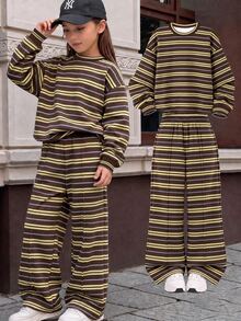 Tween Girls Cartoon Pattern Crew Neck Drop Shoulder Sweatshirt & Straight Leg Pants 2 Pieces Set - Multicolor - View 1