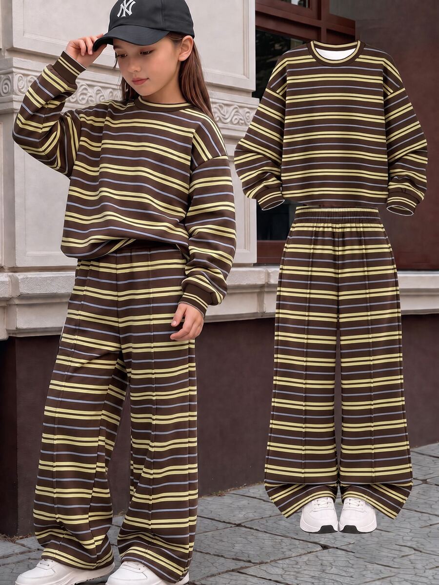 Tween Girls Cartoon Pattern Crew Neck Drop Shoulder Sweatshirt & Straight Leg Pants 2 Pieces Set - Multicolor - View 1