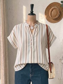 Mellowie Plus Striped Print Notched Neckline Batwing Sleeve Blouse - Multicolor - View 5
