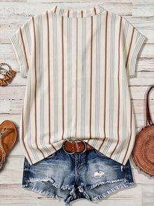 Mellowie Plus Striped Print Notched Neckline Batwing Sleeve Blouse - Multicolor - View 2