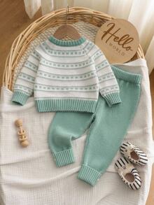SHEIN Baby Boys Autumn/Winter Round Neck Pullover With Side Slits, Raglan Long Sleeve Knit Sweater And Long Pants Set Christmas Holiday Outfits - Green - View 2