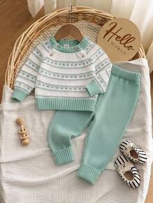 SHEIN Baby Boys Autumn/Winter Round Neck Pullover With Side Slits, Raglan Long Sleeve Knit Sweater And Long Pants Set Christmas Holiday Outfits - Green - View 1