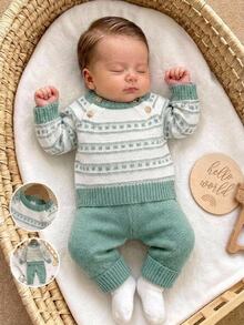 SHEIN Baby Boys Autumn/Winter Round Neck Pullover With Side Slits, Raglan Long Sleeve Knit Sweater And Long Pants Set Christmas Holiday Outfits - Green - View 9