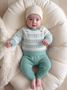 SHEIN Baby Boys Autumn/Winter Round Neck Pullover With Side Slits, Raglan Long Sleeve Knit Sweater And Long Pants Set Christmas Holiday Outfits - Green - View 3