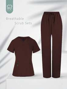 TaskEZ Soft & Comfortable V-Neck Multi-Pocket Short Sleeve Set - Coffee Brown - View 1