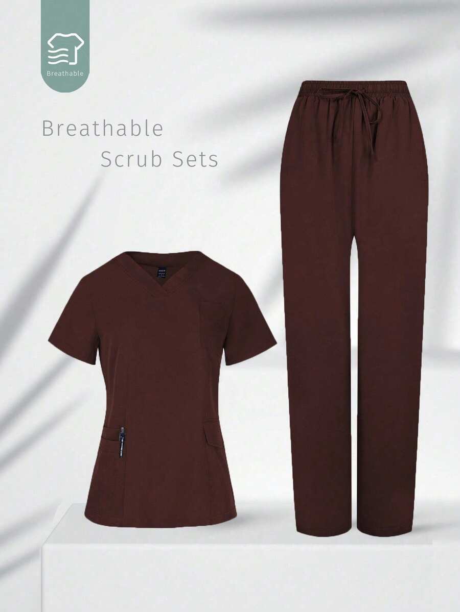 TaskEZ Soft & Comfortable V-Neck Multi-Pocket Short Sleeve Set - Coffee Brown - View 1