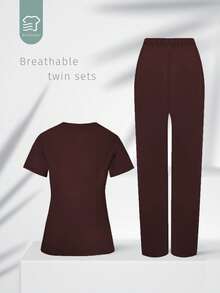 TaskEZ Soft & Comfortable V-Neck Multi-Pocket Short Sleeve Set - Coffee Brown - View 2