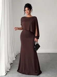 Elenzga Fitted, Pleated Maxi Dress With A Round Neck And Draped Cape-Style Sleeves; Suitable For Luxury Evening Wear And Formal Occasions; Chocolate Brown. - Brown - View 6