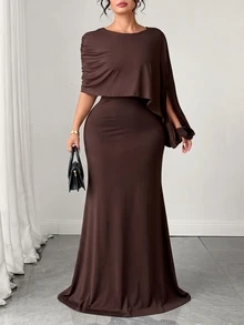 Elenzga Fitted, Pleated Maxi Dress With A Round Neck And Draped Cape-Style Sleeves; Suitable For Luxury Evening Wear And Formal Occasions; Chocolate Brown. - Brown - View 8