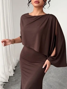 Elenzga Fitted, Pleated Maxi Dress With A Round Neck And Draped Cape-Style Sleeves; Suitable For Luxury Evening Wear And Formal Occasions; Chocolate Brown. - Brown - View 7