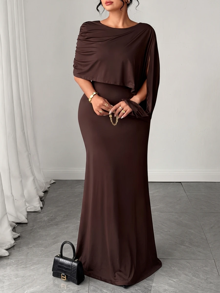 Elenzga Fitted, Pleated Maxi Dress With A Round Neck And Draped Cape-Style Sleeves; Suitable For Luxury Evening Wear And Formal Occasions; Chocolate Brown. - Brown - View 1
