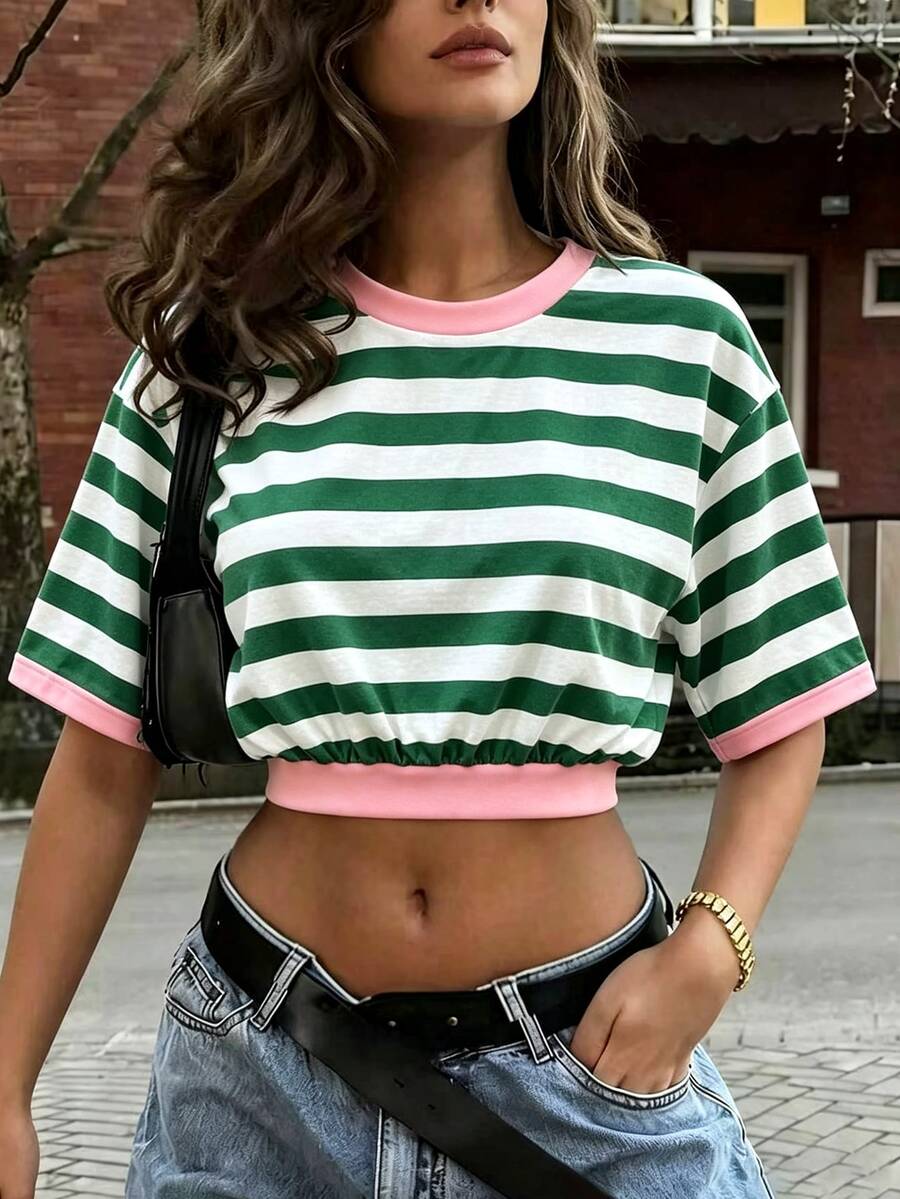 Resyla Loose Short Crew Neck Drop Shoulder Short Sleeve Top - Multicolor - View 1