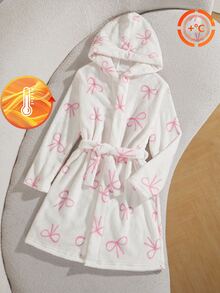 女童白色底粉色蝴蝶結印花長袖長款連帽睡袍家居服 抓絨內裡加厚款 秋冬款 - 彩色 - 查看 4
