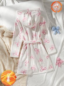 女童白色底粉色蝴蝶結印花長袖長款連帽睡袍家居服 抓絨內裡加厚款 秋冬款 - 彩色 - 查看 2