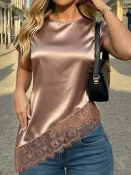 SHEIN Blusa de satén elegante con encaje, cuello redondo y bajo asimétrico para mujer, top de encaje para mujer, ropa de trabajo, top para ir al trabajo, top social/top de oficina, top social, top casual para mujer, playa, top de verano