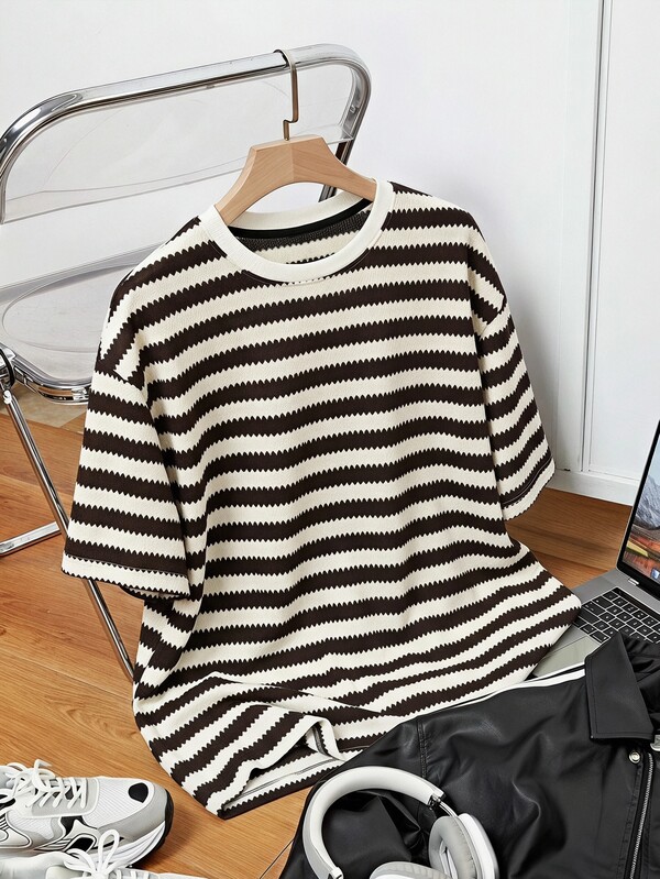EASEVO Men's Plus Size Striped Casual Versatile Daily Wear Short Sleeve T-Shirt