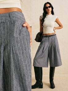 Poéselle Women's Wide Leg Pinstripe Culottes High Waist Pleated Cropped Trousers Casual Pants Teachers' Day Blue And White Striped Brunch Summer - Dark Grey - View 1