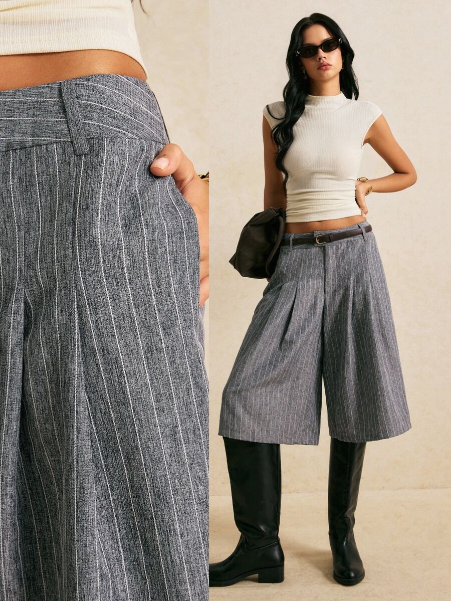 Poéselle Women's Wide Leg Pinstripe Culottes High Waist Pleated Cropped Trousers Casual Pants Teachers' Day Blue And White Striped Brunch Summer - Dark Grey - View 1