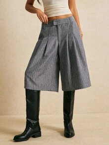 Poéselle Women's Wide Leg Pinstripe Culottes High Waist Pleated Cropped Trousers Casual Pants Teachers' Day Blue And White Striped Brunch Summer - Dark Grey - View 8