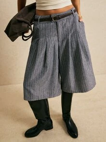 Poéselle Women's Wide Leg Pinstripe Culottes High Waist Pleated Cropped Trousers Casual Pants Teachers' Day Blue And White Striped Brunch Summer - Dark Grey - View 9