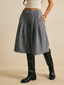 Poéselle Women's Wide Leg Pinstripe Culottes High Waist Pleated Cropped Trousers Casual Pants Teachers' Day Blue And White Striped Brunch Summer - Dark Grey - View 3