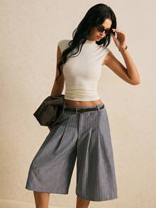 Poéselle Women's Wide Leg Pinstripe Culottes High Waist Pleated Cropped Trousers Casual Pants Teachers' Day Blue And White Striped Brunch Summer - Dark Grey - View 2