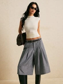 Poéselle Women's Wide Leg Pinstripe Culottes High Waist Pleated Cropped Trousers Casual Pants Teachers' Day Blue And White Striped Brunch Summer - Dark Grey - View 7
