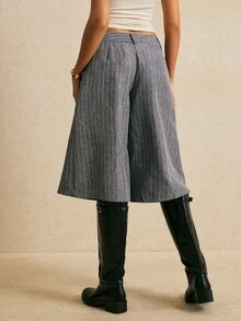 Poéselle Women's Wide Leg Pinstripe Culottes High Waist Pleated Cropped Trousers Casual Pants Teachers' Day Blue And White Striped Brunch Summer - Dark Grey - View 6
