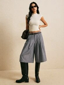 Poéselle Women's Wide Leg Pinstripe Culottes High Waist Pleated Cropped Trousers Casual Pants Teachers' Day Blue And White Striped Brunch Summer - Dark Grey - View 5