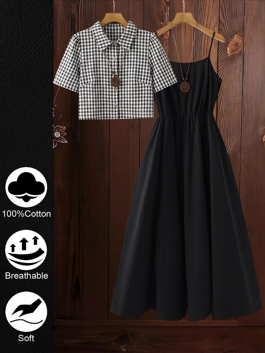 EMERY ROSE Plus Size Cotton Black & White Plaid Camisole & Maxi Dress 2 Pieces Set - Black - View 1