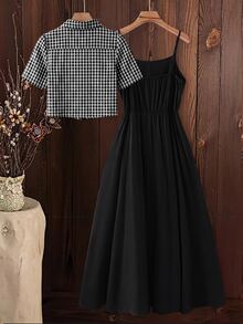 EMERY ROSE Plus Size Cotton Black & White Plaid Camisole & Maxi Dress 2 Pieces Set - Black - View 2