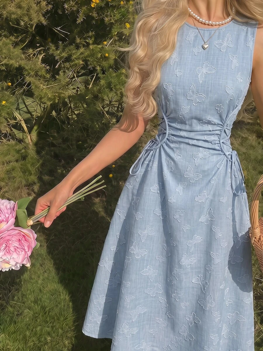 SHEIN MOD Vintage Blue Side Tie Round Neck Butterfly Textured Long Dress - Medium Wash - View 1