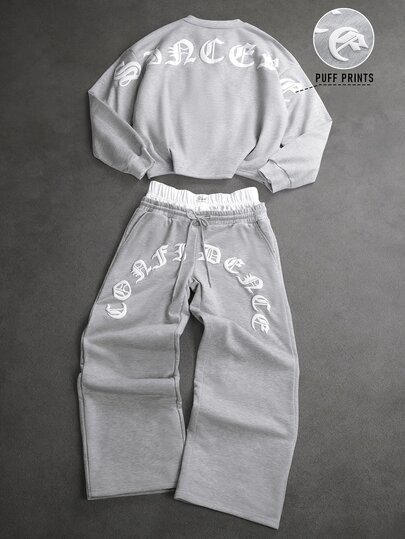 SLATEMANN Men's Letter Print Long Sleeve Pullover Sweatshirt And Sweatpants Casual Daily Set