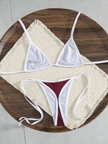 Bonvoyette Summer Holiday Color Stitching Halter Backless Bikini Set Holiday Pool Party Burgundy - Multicolor - View 6