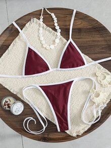 Bonvoyette Summer Holiday Color Stitching Halter Backless Bikini Set Holiday Pool Party Burgundy - Multicolor - View 3